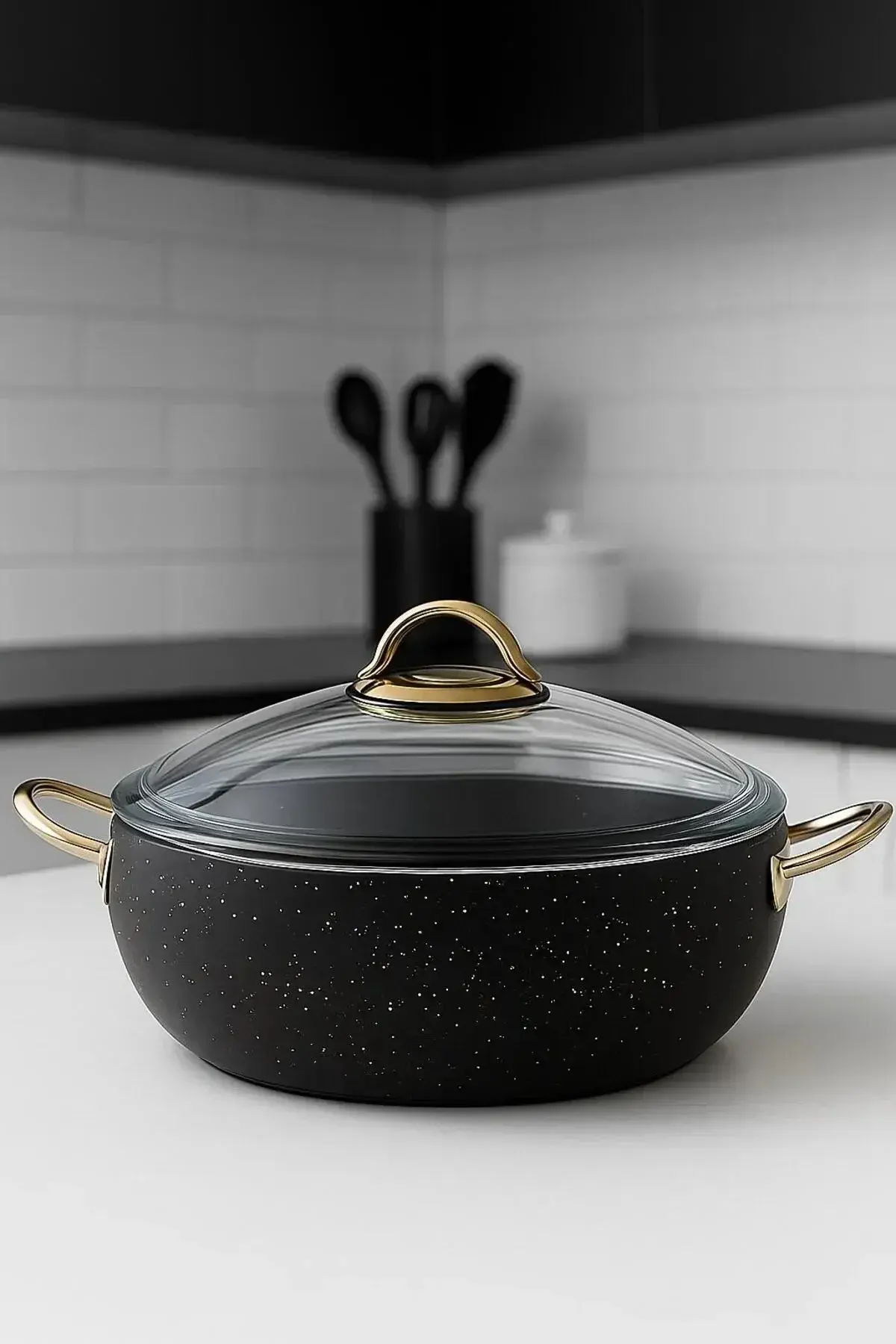 Granit Tencere 20 cm – 2.5 Litre, Gold Kulplu, Yanmaz Yapışmaz, Cam Kapaklı