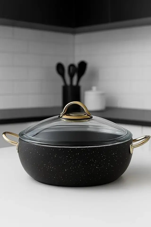 Granit Tencere 20 cm – 2.5 Litre, Gold Kulplu, Yanmaz Yapışmaz, Cam Kapaklı