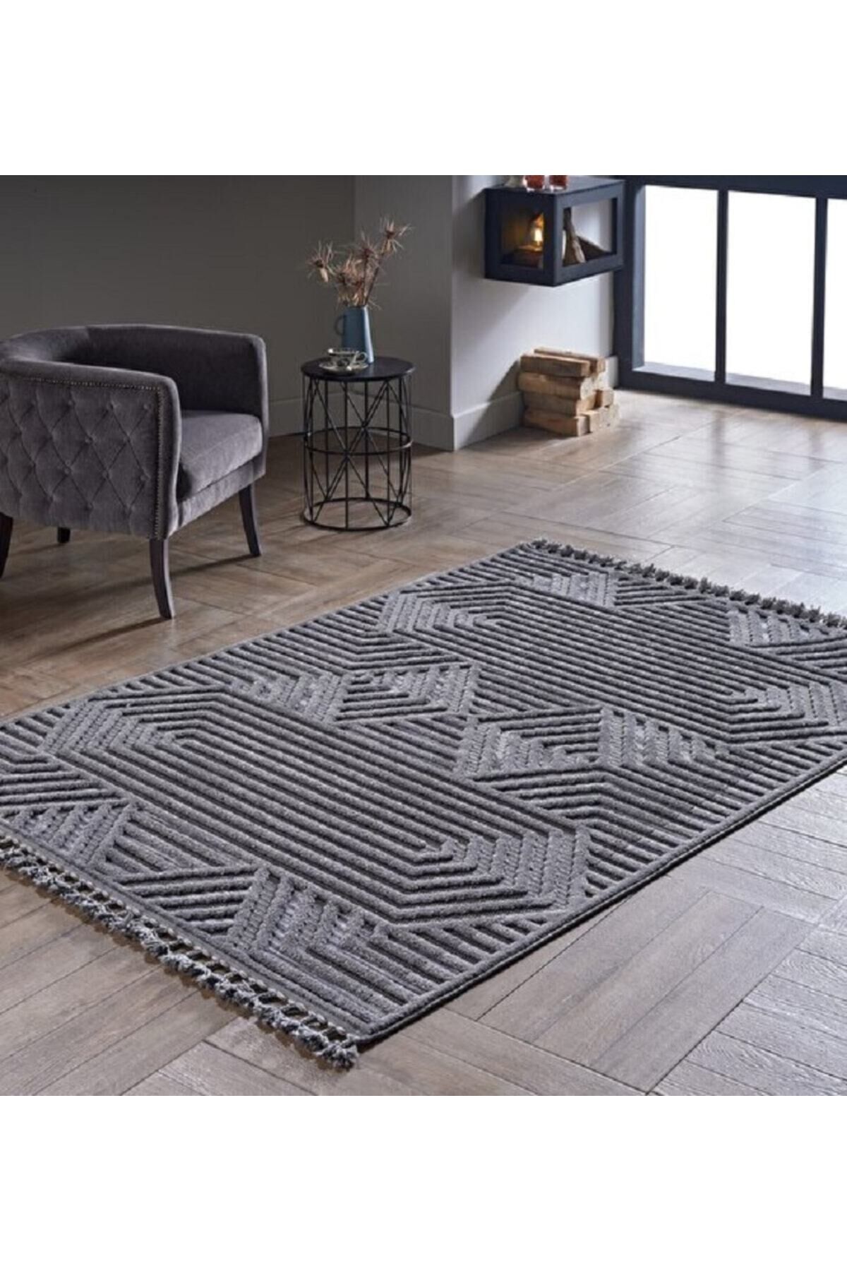 Deco Alvin 12619 Yeni Yüksek Kalite Modern Kabartmalı Örgü Saçaklı Salon Halısı