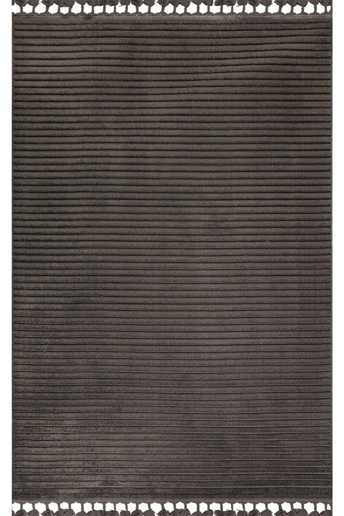 Deco Alvin 12612 Yeni Yüksek Kalite Modern Kabartmalı Örgü Saçaklı Antrasit Salon Halısı