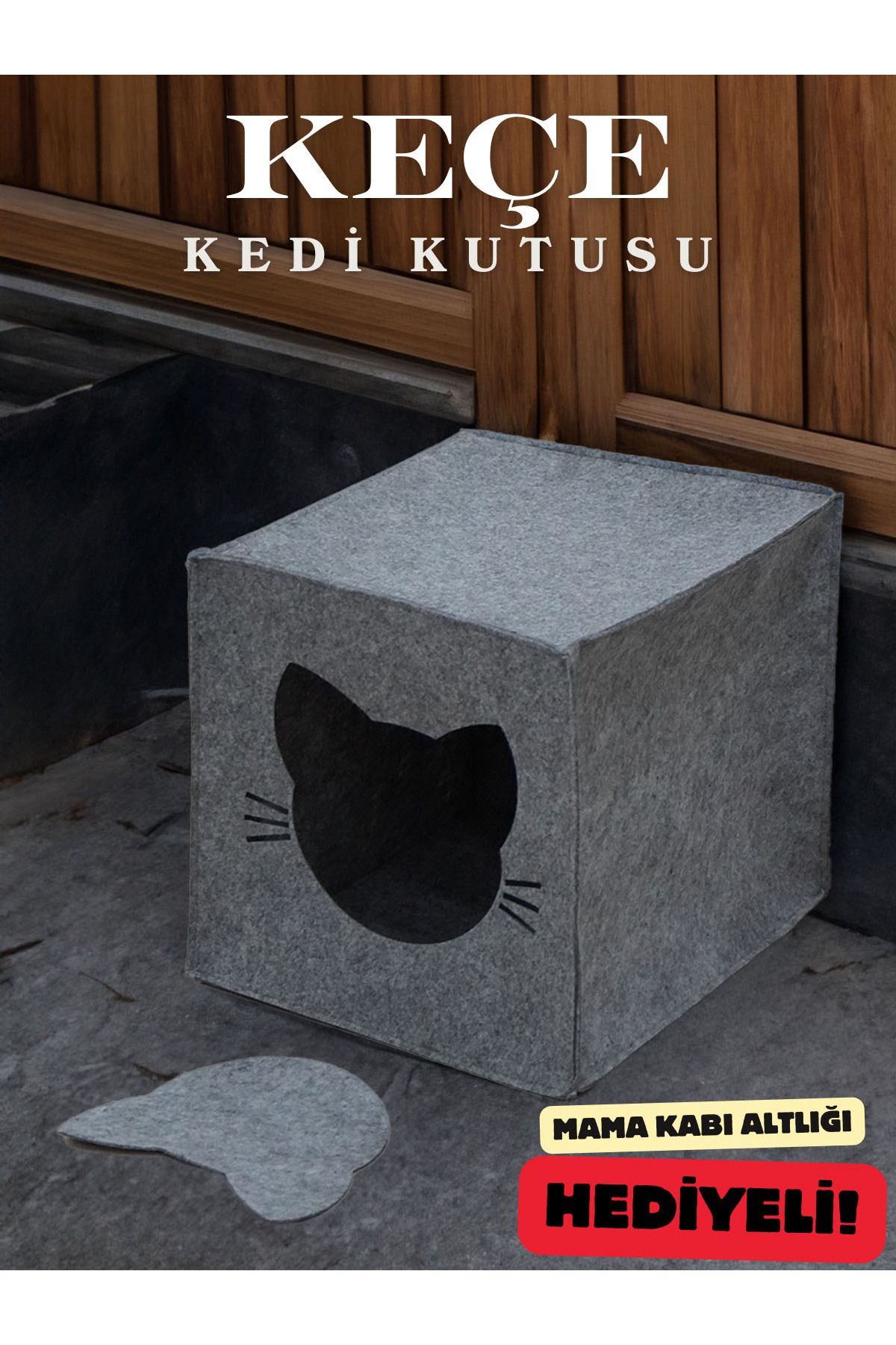 Keçe Kedi Yuvası Dekoratif Mama Kabı Altlığı Hediyeli Organizer Düzenleyici Katlanabilir Gri