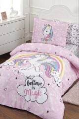 Unicorn Ranforce Tek Kişilik Fitted Çarşaf Nevresim Takımı - Pembe