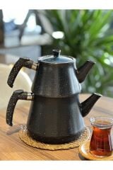 Granit Kaplama Piramit Cam Kapaklı Çaydanlık Siyah