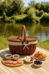 Krem Kumaş Detaylı Hasır Piknik Sepeti 40x30x19 cm – Kapaklı Termoform Sepet