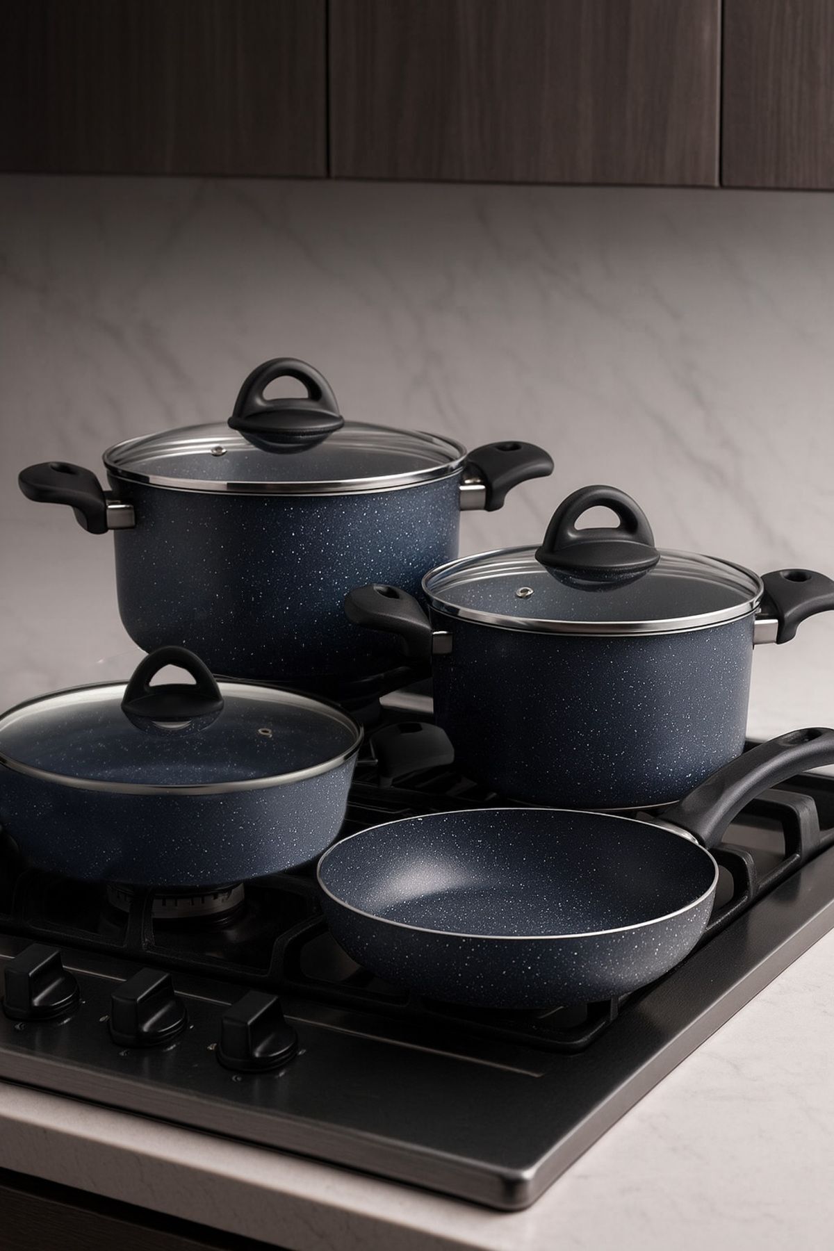 7 Parça Almeria Gri Granit Dik Tencere ve Tava Seti – 20 cm 2.5L, 24 cm 4.5L, 26 cm 3L, 26 cm Tava