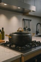 28 cm Basık Güveç Tencere – 3.5 Litre, Gold Kulplu, 4 mm Granit Kaplama, Yanmaz Yapışmaz
