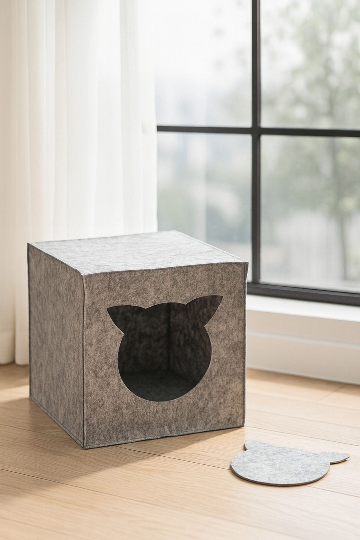 Gri Keçe Kedi Yuvası Dekoratif Mama Kabı Altlığı Hediyeli Organizer Düzenleyici Katlanabilir