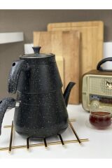 Granit Kaplama Pramit Cam Kapaklı Çaydanlık Siyah