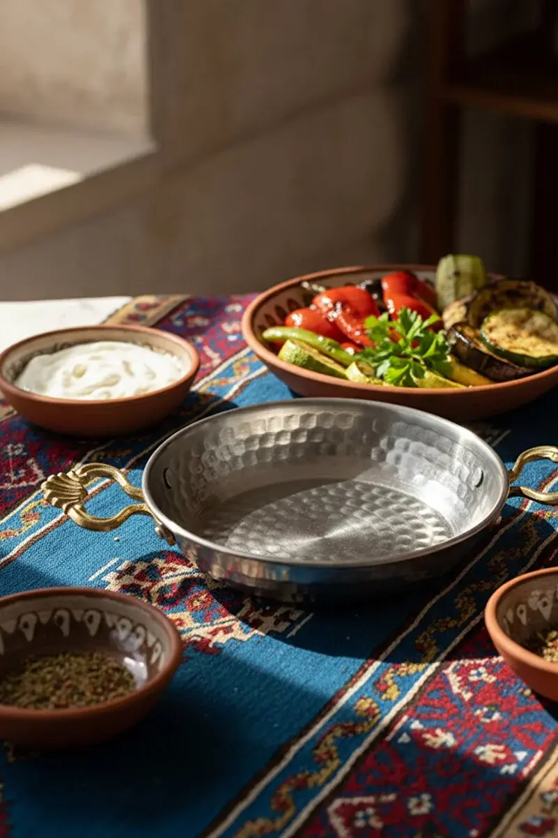 Pirinç Kulplu Çelik Otantik Sahan, El Dövme Desenli, Kahvaltılık Yumurta ve Sucuk Tavası