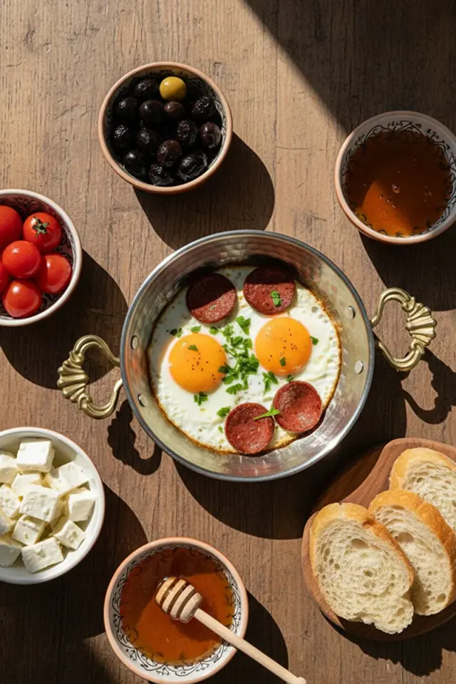 Pirinç Kulplu Çelik Otantik Sahan, El Dövme Desenli, Kahvaltılık Yumurta ve Sucuk Tavası