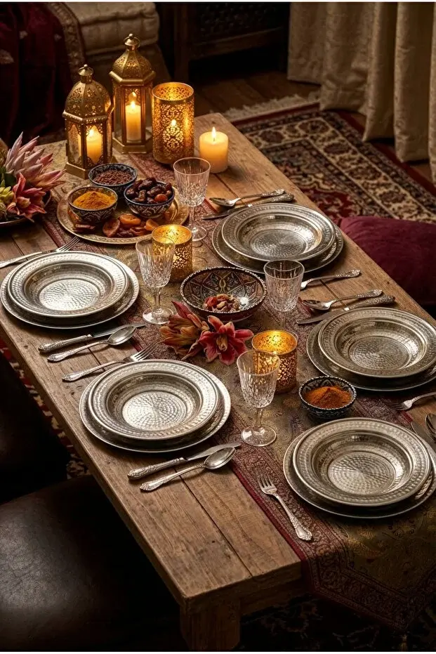 12 Parça Otantik Dövme Metal Yemek ve Sunum Takımı - 6 Kişilik Gümüş Renk Kase ve Altlık Seti