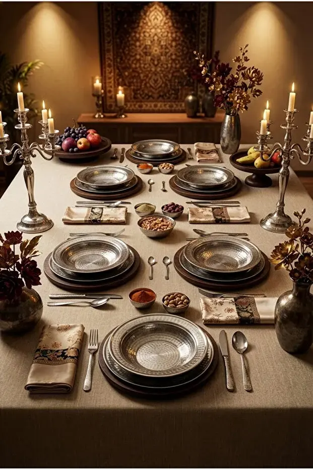 12 Parça Otantik Dövme Metal Yemek ve Sunum Takımı - 6 Kişilik Gümüş Renk Kase ve Altlık Seti