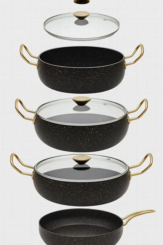 7 Parça Granada Granit Tencere ve Tava Seti – 20 cm 2.5L, 24 cm 4.5L, 26 cm Basık 3L, 26 cm Tava